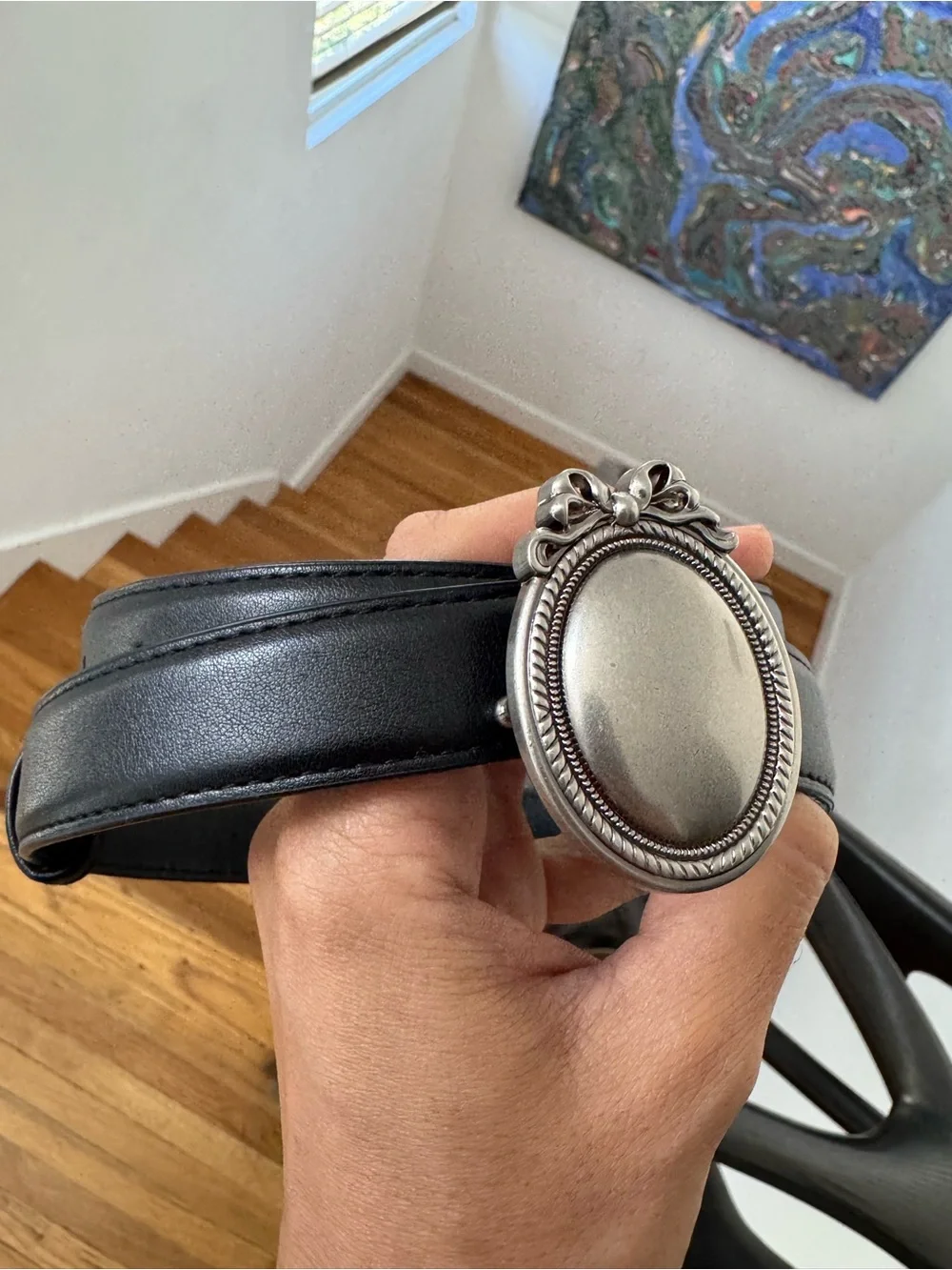 Vintage Black Belt with Silver Oval Bow Buckle